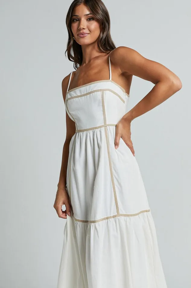 Chanika Midi Dress 8211 Straight Neck Sleeveless Tiered Dress In White With Beige Contrast Women Showpo Dresses