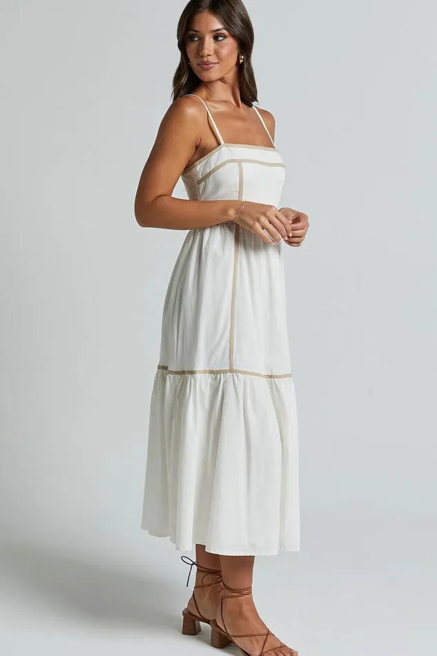 Chanika Midi Dress 8211 Straight Neck Sleeveless Tiered Dress In White With Beige Contrast Women Showpo Dresses