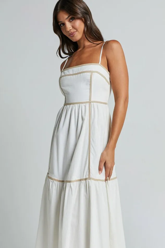 Chanika Midi Dress 8211 Straight Neck Sleeveless Tiered Dress In White With Beige Contrast Women Showpo Dresses