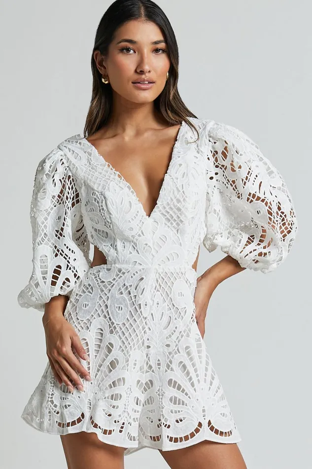 Channing Playsuit 8211 Lace Short Puff Sleeve Playsuit In White Women Showpo Rompers