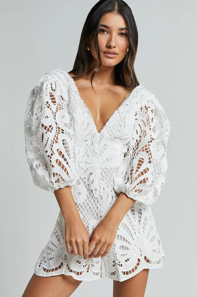 Channing Playsuit 8211 Lace Short Puff Sleeve Playsuit In White Women Showpo Rompers