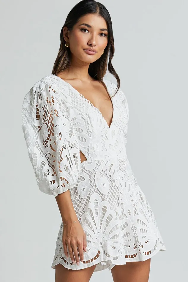 Channing Playsuit 8211 Lace Short Puff Sleeve Playsuit In White Women Showpo Rompers