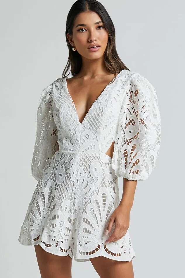 Channing Playsuit 8211 Lace Short Puff Sleeve Playsuit In White Women Showpo Rompers