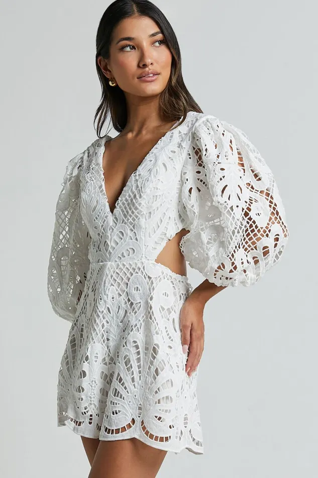 Channing Playsuit 8211 Lace Short Puff Sleeve Playsuit In White Women Showpo Rompers