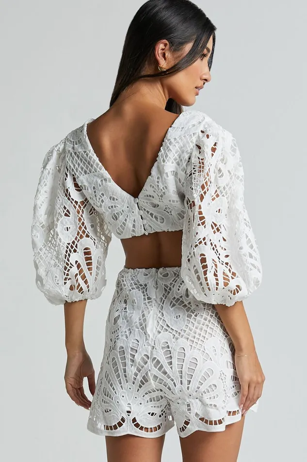 Channing Playsuit 8211 Lace Short Puff Sleeve Playsuit In White Women Showpo Rompers