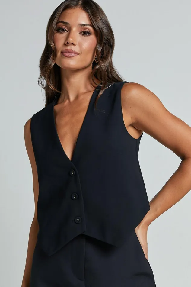 Charla Top 8211 Tailored Button Through Vest In Black Women Showpo Tops