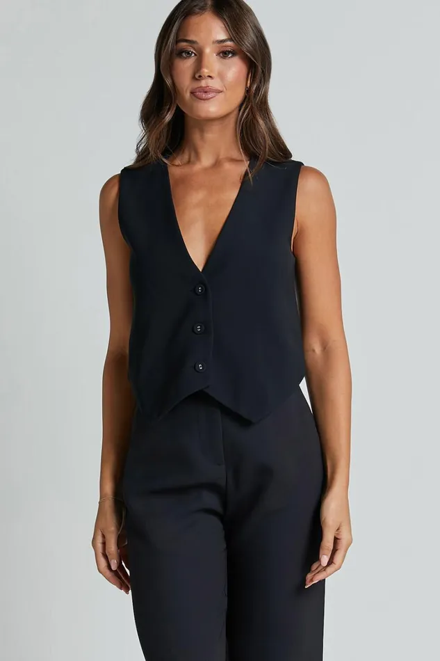 Charla Top 8211 Tailored Button Through Vest In Black Women Showpo Tops