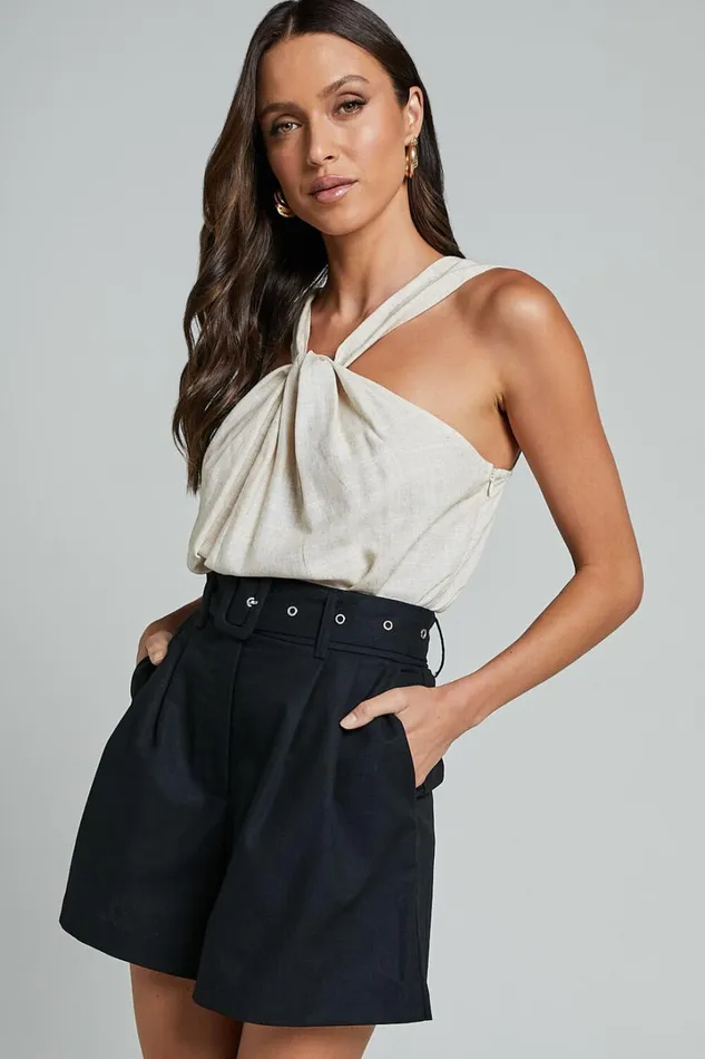 Charline Shorts 8211 Linen Look High Waisted Tailored Front Pleated Belted Shorts In Black Women Showpo Shorts