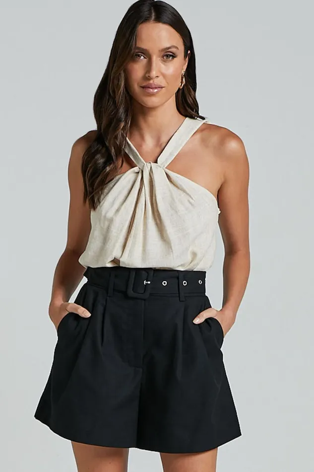 Charline Shorts 8211 Linen Look High Waisted Tailored Front Pleated Belted Shorts In Black Women Showpo Shorts