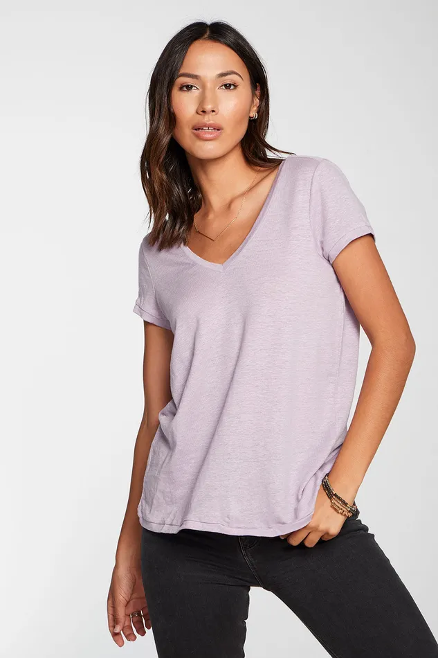 Chaser Brand Linen Jersey Short Sleeve Deep V Open Back Tee in Hydrangea Purple Womens Loungewear Chaser Brand Linen Jersey Short Sleeve Deep V Open Back Tee in Hydrangea Purple Womens Loungewear