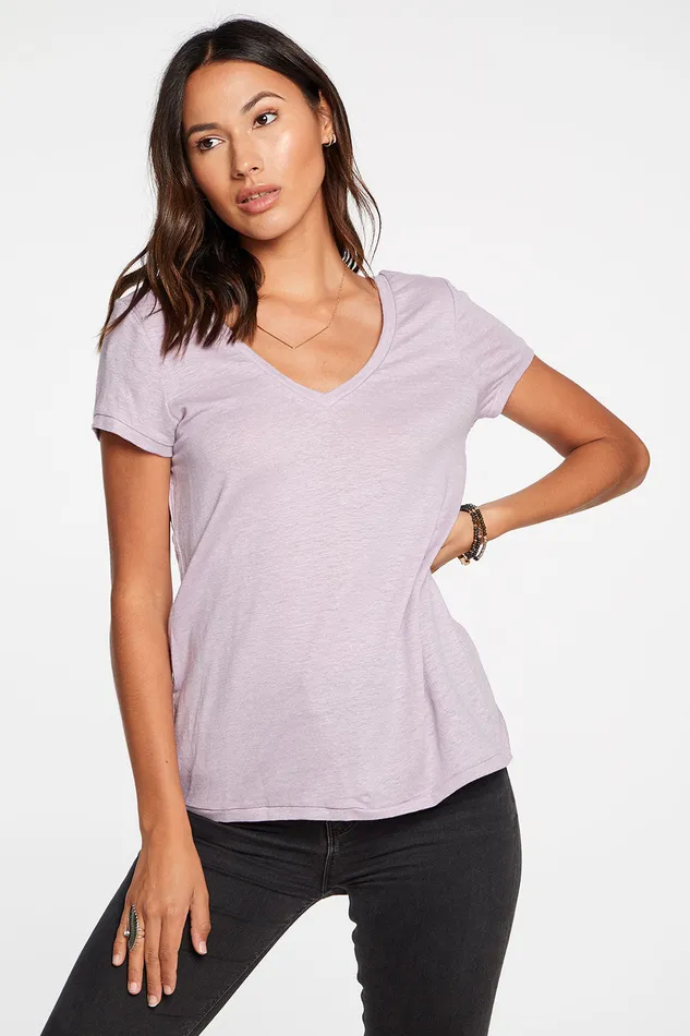 Chaser Brand Linen Jersey Short Sleeve Deep V Open Back Tee in Hydrangea Purple Womens Loungewear