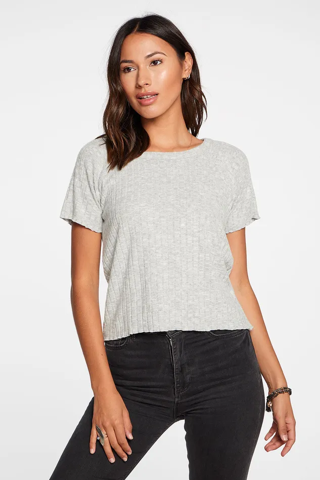 Chaser Brand Poor Boy Rib Cropped Short Sleeve Raglan Tee in Heather Grey Womens Loungewear