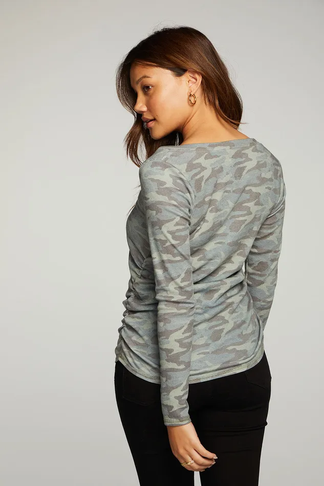 Chaser Brand Tops Womens Rpet Vintage Rib Long Sleeve Deep V Neck Tee With Shirring