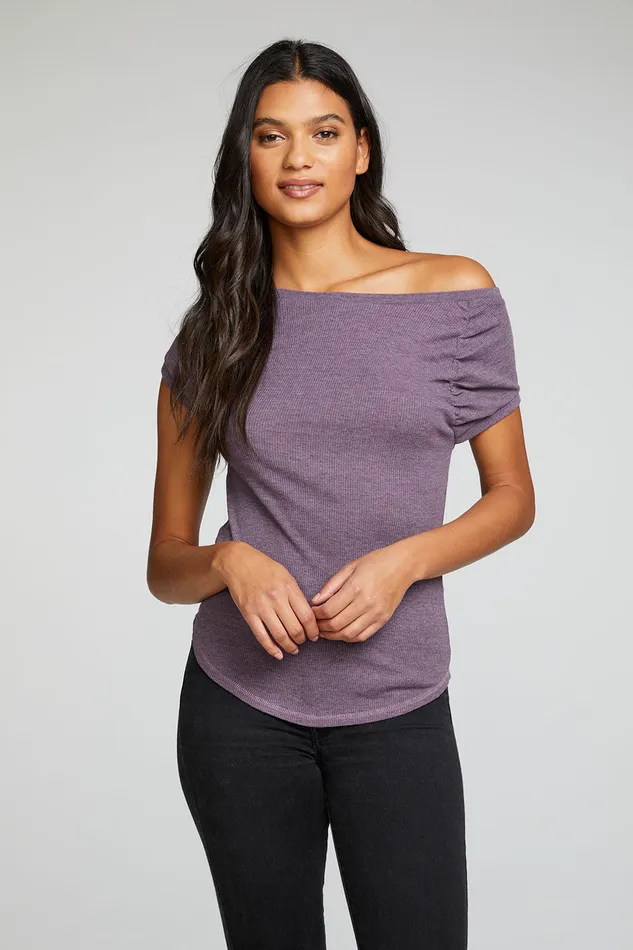 Chaser Brand Triblend Rib Shirred Raglan Cap Sleeve Shirttail Tee Womens Tops