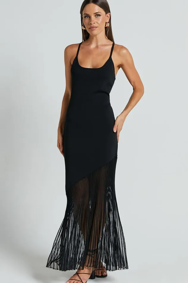 Chelly Midi Dress 8211 Knitted Asymmetric Sheer Hem Panel Dress In Black Women Showpo Dresses