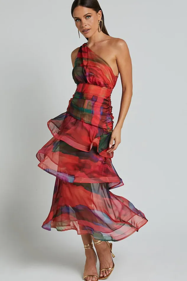 Chelsea Midi Dress 8211 One Shoulder Tie Strap Layered Dress In Print Women Showpo Dresses