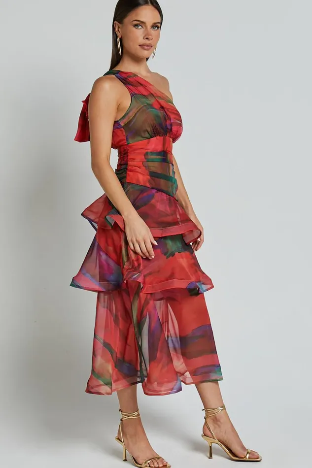 Chelsea Midi Dress 8211 One Shoulder Tie Strap Layered Dress In Print Women Showpo Dresses