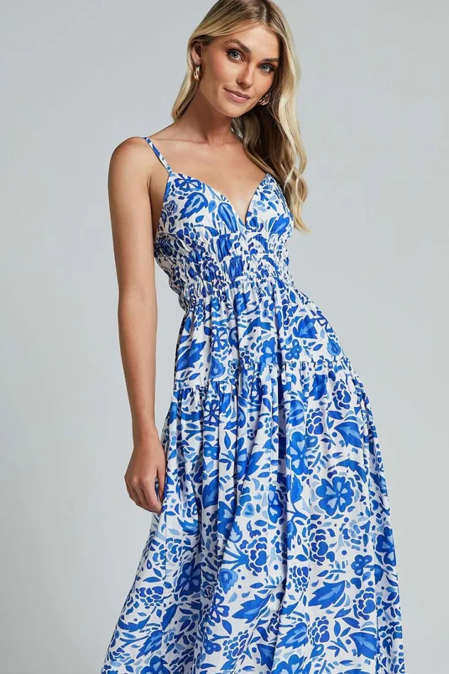 Cheri Midi Dress 8211 Strappy Fit And Flare Tiered Dress In Blue Floral Women Showpo Curve Clothes