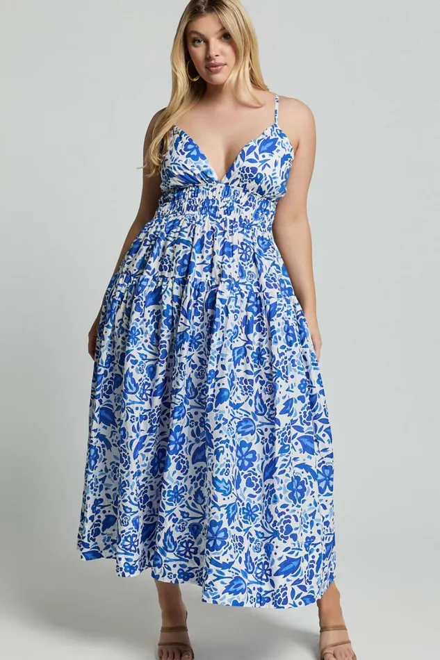 Cheri Midi Dress 8211 Strappy Fit And Flare Tiered Dress In Blue Floral Women Showpo Curve Clothes