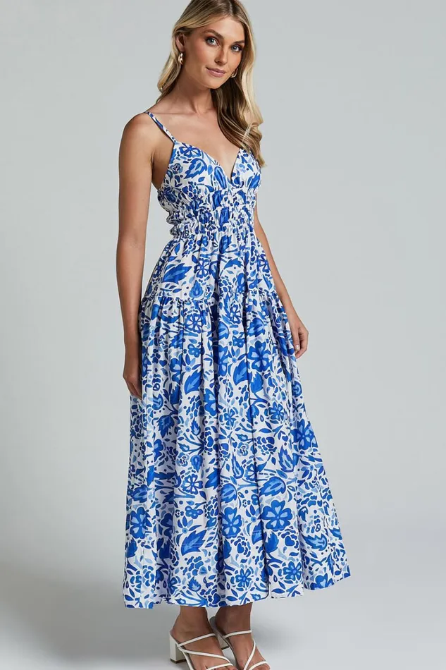 Cheri Midi Dress 8211 Strappy Fit And Flare Tiered Dress In Blue Floral Women Showpo Curve Clothes