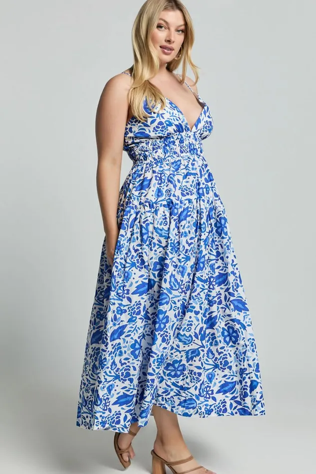Cheri Midi Dress 8211 Strappy Fit And Flare Tiered Dress In Blue Floral Women Showpo Curve Clothes
