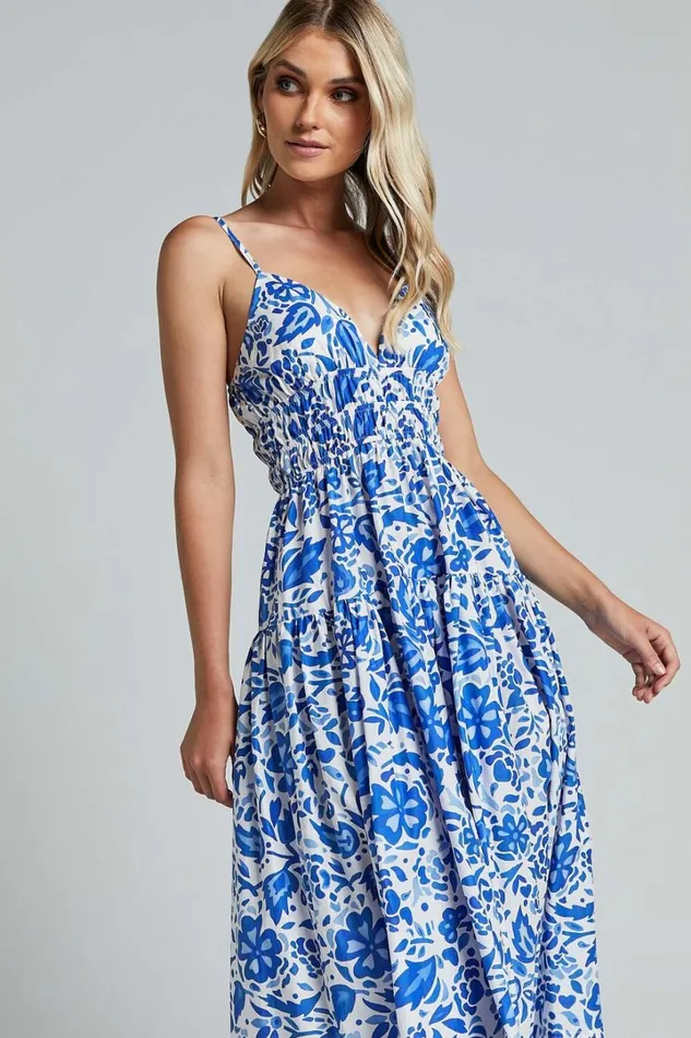 Cheri Midi Dress 8211 Strappy Fit And Flare Tiered Dress In Blue Floral Women Showpo Curve Clothes