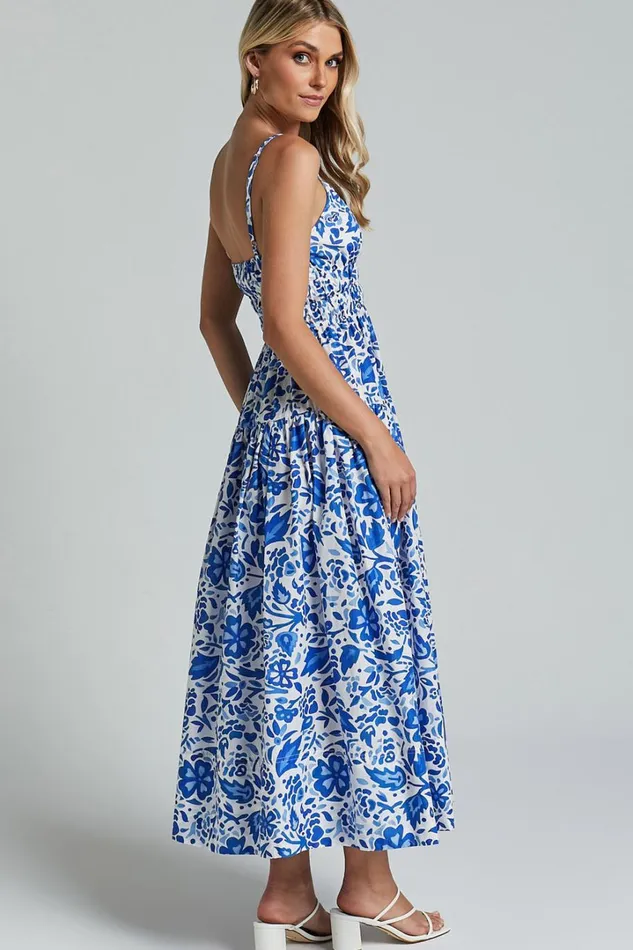 Cheri Midi Dress 8211 Strappy Fit And Flare Tiered Dress In Blue Floral Women Showpo Curve Clothes