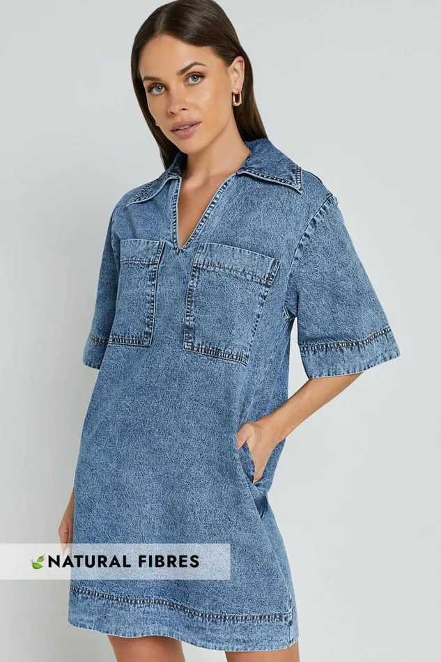 Chinlie Dress 8211 Open Collar Pocket Detail Denim Mini Dress In Mid Blue Acid Wash Women Showpo Dresses Chinlie Dress 8211 Open Collar Pocket Detail Denim Mini Dress In Mid Blue Acid Wash Women Showpo Dresses