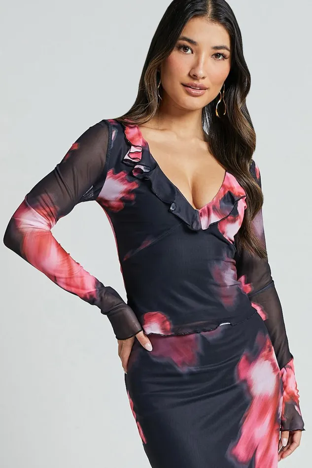 Chrishelle Top 8211 Long Sleeve Frill Detail Mesh Top In Daze Print Women Showpo Tops