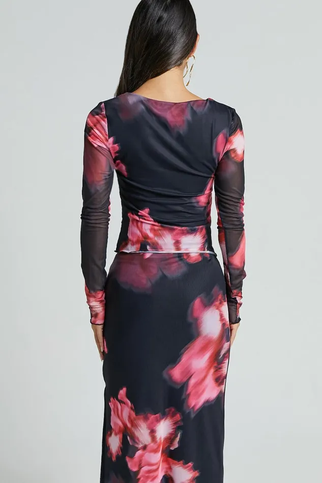 Chrishelle Top 8211 Long Sleeve Frill Detail Mesh Top In Daze Print Women Showpo Tops