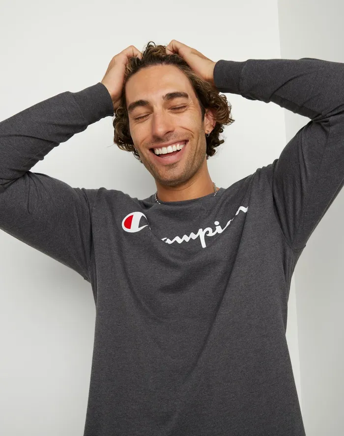 Classic Graphic LongSleeve TShirt Script Logo Granite Heather Men Champion TShirts and Tops