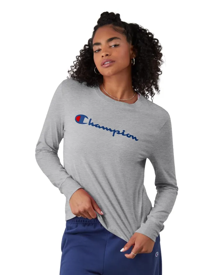 Classic LongSleeve TShirt Script Logo Oxford Grey Women Champion TShirts and Tops