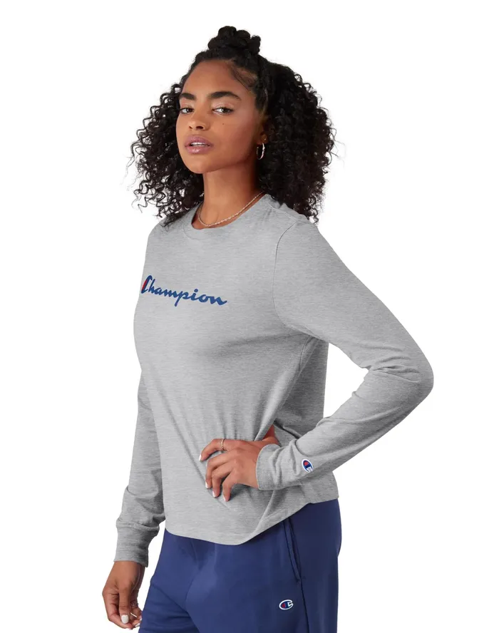 Classic LongSleeve TShirt Script Logo Oxford Grey Women Champion TShirts and Tops