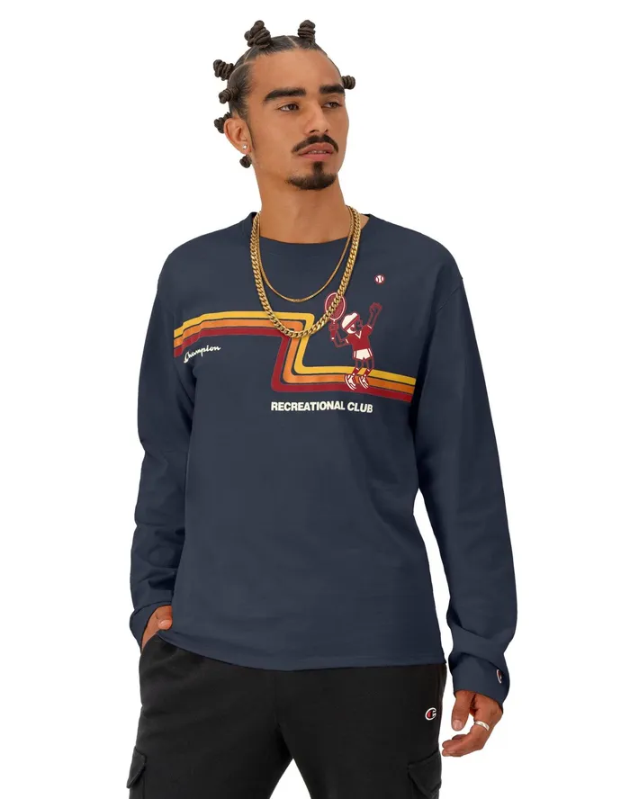 Classic NoCuff Graphic LongSleeve TShirt Rec Club Racquets Navy Men Champion TShirts and Tops Classic NoCuff Graphic LongSleeve TShirt Rec Club Racquets Navy Men Champion TShirts and Tops