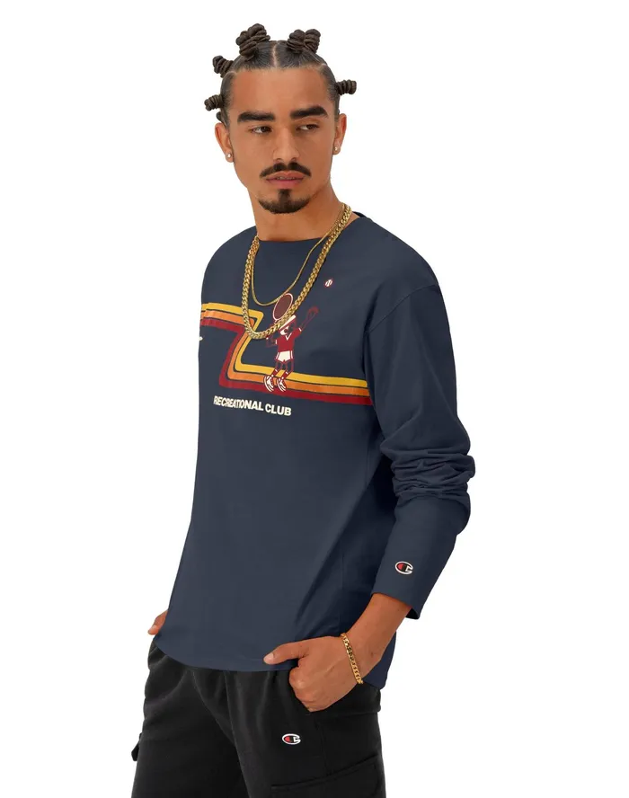 Classic NoCuff Graphic LongSleeve TShirt Rec Club Racquets Navy Men Champion TShirts and Tops
