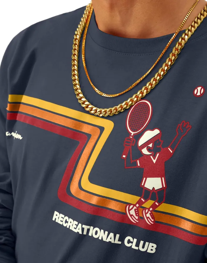 Classic NoCuff Graphic LongSleeve TShirt Rec Club Racquets Navy Men Champion TShirts and Tops