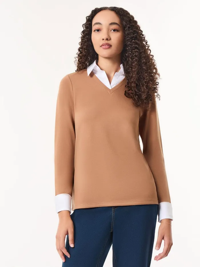 Collared Shirt VNeck TwoFer Top Women Jones New York Tops and Blouses Collared Shirt VNeck TwoFer Top Women Jones New York Tops and Blouses