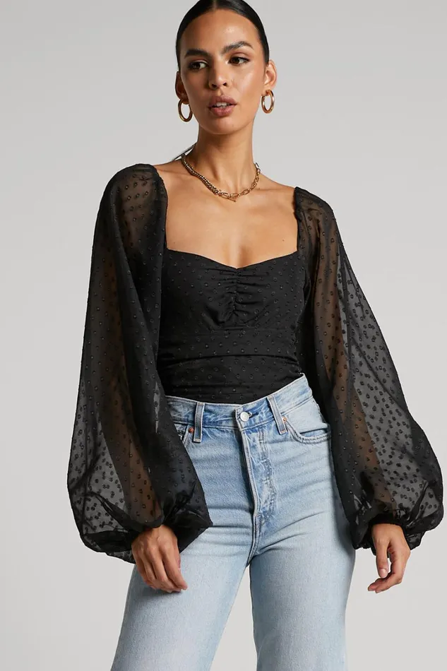 Conny Bodysuit 8211 Spotted Balloon Sleeve Sweetheart Bodysuit In Black Women Showpo Tops