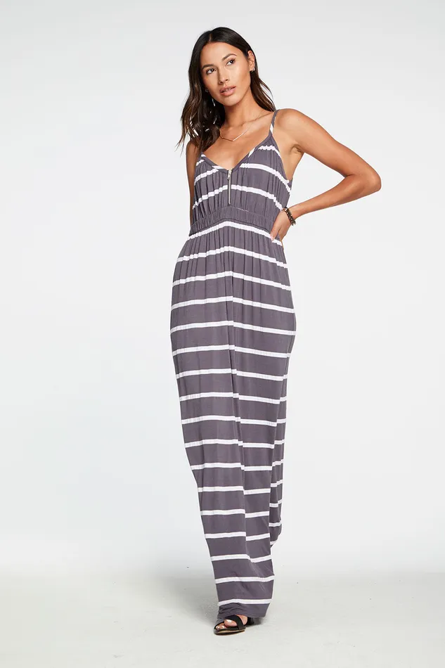 Cool Jersey Shirred Double V Cami Maxi Dress in Stripe Womens Loungewear Chaser Brand