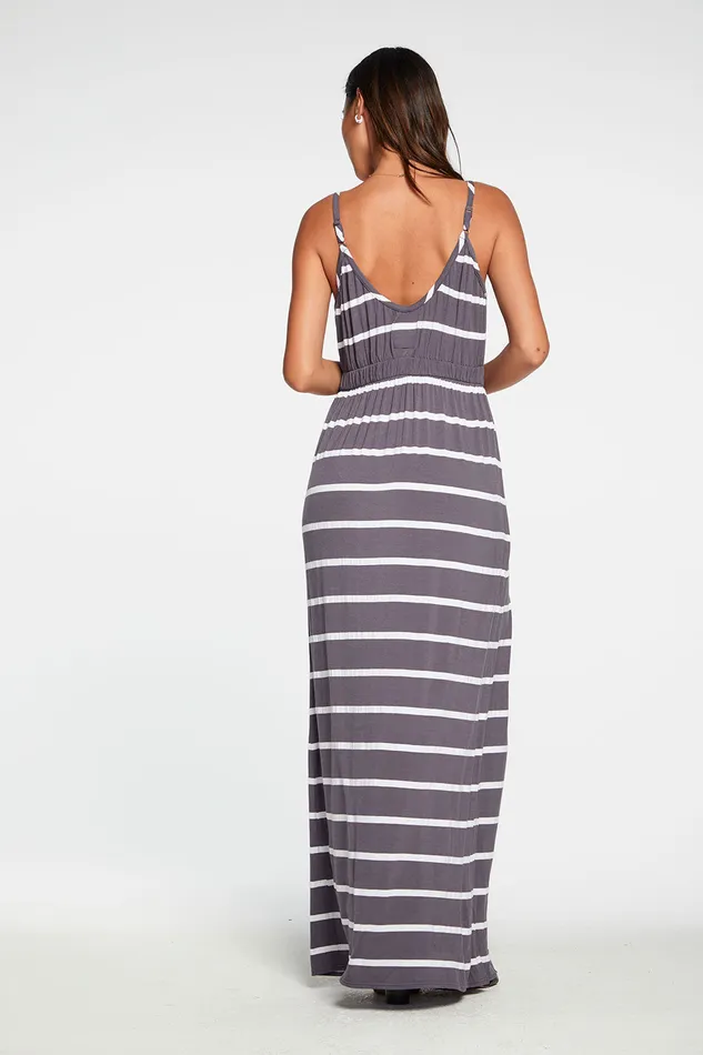 Cool Jersey Shirred Double V Cami Maxi Dress in Stripe Womens Loungewear Chaser Brand