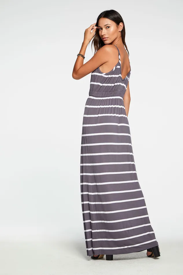 Cool Jersey Shirred Double V Cami Maxi Dress in Stripe Womens Loungewear Chaser Brand