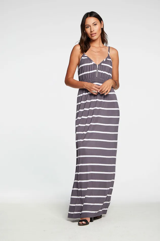 Cool Jersey Shirred Double V Cami Maxi Dress in Stripe Womens Loungewear Chaser Brand