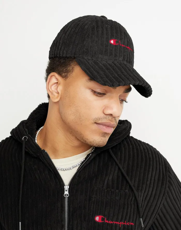 Corduroy Dad Hat Script Black MenWomen Champion Hats