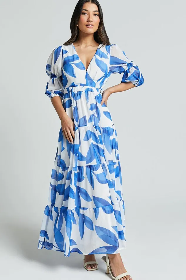 Cynthia Midi Dress 8211 V Neck Puff Sleeve Tiered Dress In Blue And White Print Women Showpo Dresses Cynthia Midi Dress 8211 V Neck Puff Sleeve Tiered Dress In Blue And White Print Women Showpo Dresses