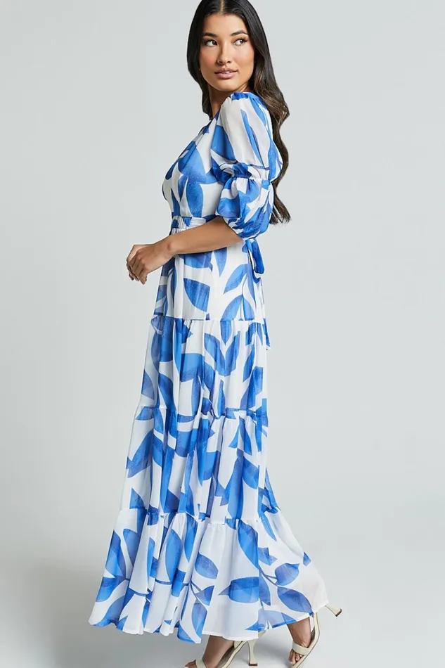 Cynthia Midi Dress 8211 V Neck Puff Sleeve Tiered Dress In Blue And White Print Women Showpo Dresses