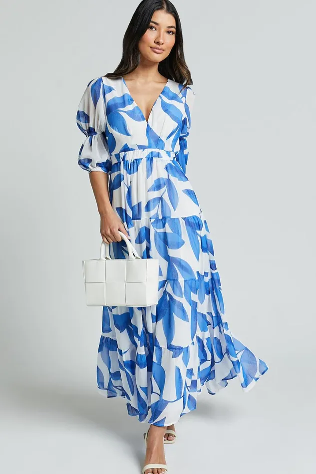 Cynthia Midi Dress 8211 V Neck Puff Sleeve Tiered Dress In Blue And White Print Women Showpo Dresses