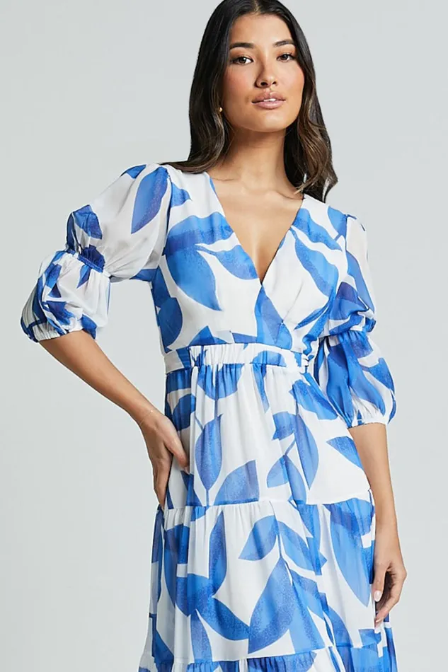 Cynthia Midi Dress 8211 V Neck Puff Sleeve Tiered Dress In Blue And White Print Women Showpo Dresses