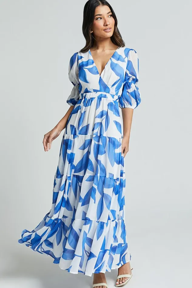 Cynthia Midi Dress 8211 V Neck Puff Sleeve Tiered Dress In Blue And White Print Women Showpo Dresses