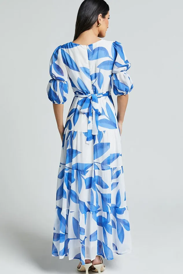 Cynthia Midi Dress 8211 V Neck Puff Sleeve Tiered Dress In Blue And White Print Women Showpo Dresses