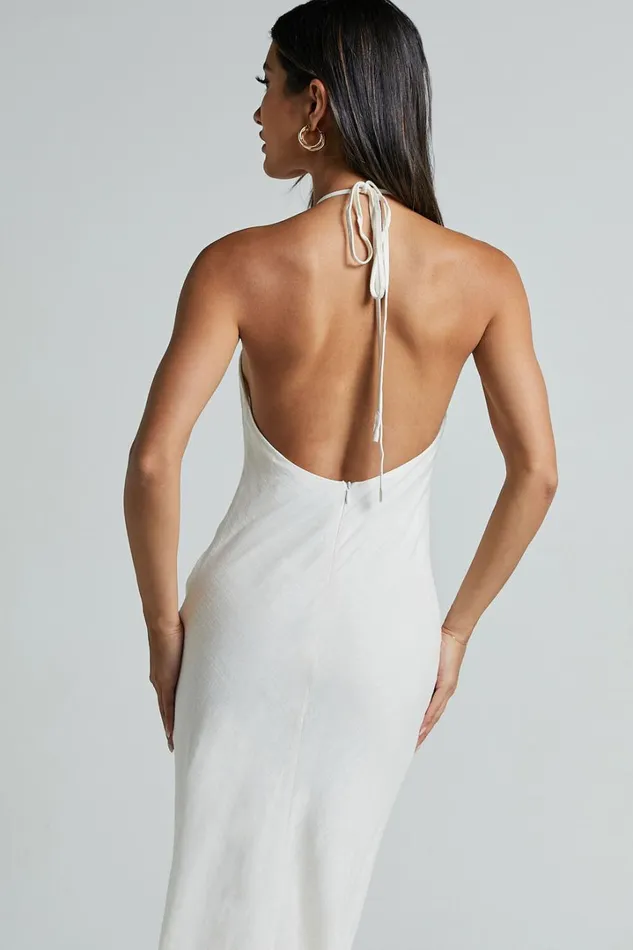 Cyrena Maxi Dress 8211 Linen Look Halter Neck Sleeveless Slip Dress In Off White Women Showpo Dresses